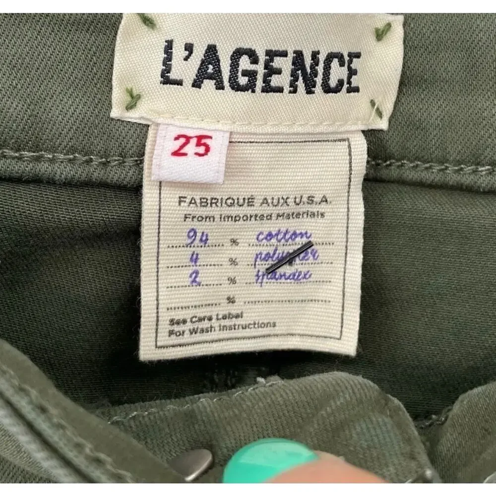 L’AGENCE Margot High Rise Skinny Jeans Meadow Green Raw Hem Stretch Size 25